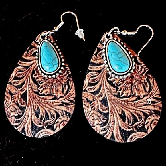 Turquoise Southwestern Earrings Boho Floral Drop Tooled Leather Dangle Boho NWT - Picture 1 of 8